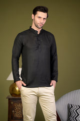 Black Linen Blend Full Sleeves Mandarin Collar Short Kurta