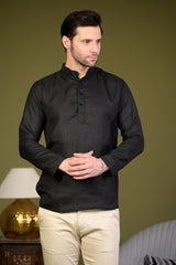 Black Linen Blend Full Sleeves Mandarin Collar Short Kurta