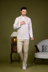 White Linen Blend Full Sleeves Mandarin Collar Short Kurta