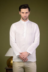 White Linen Blend Full Sleeves Mandarin Collar Short Kurta