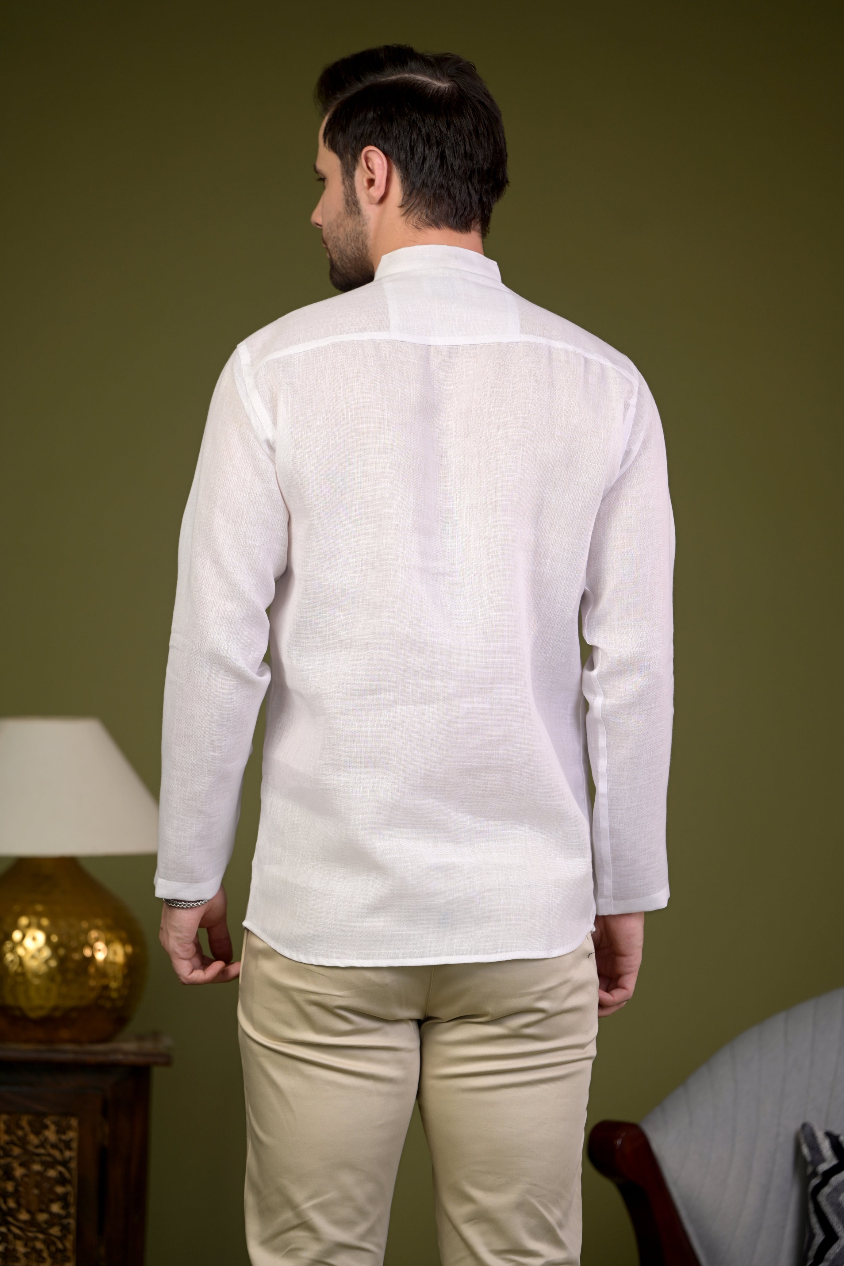 White Linen Blend Full Sleeves Mandarin Collar Short Kurta