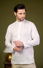 White Linen Blend Full Sleeves Mandarin Collar Short Kurta