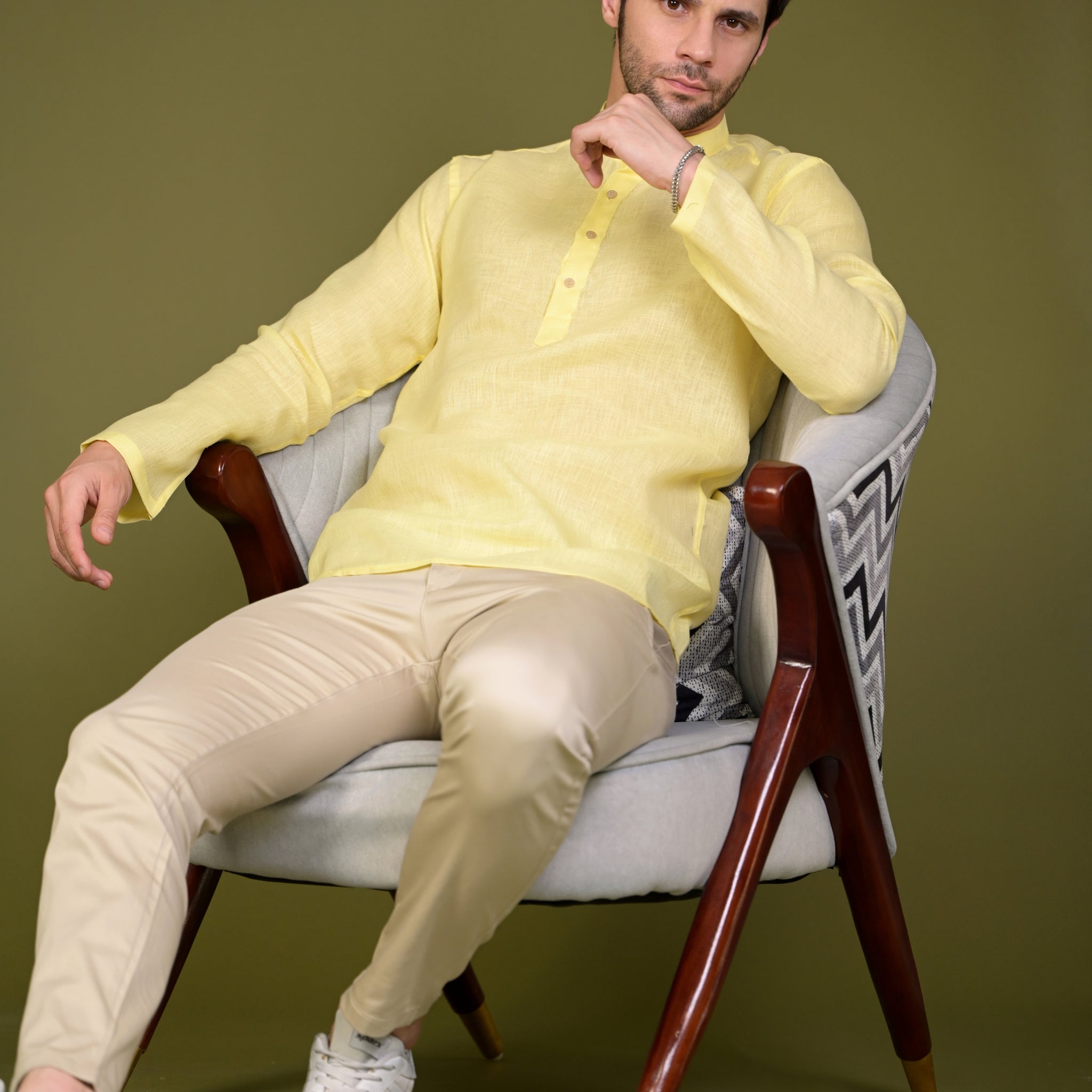 Light Yellow Linen Blend Full Sleeves Mandarin Collar Short Kurta