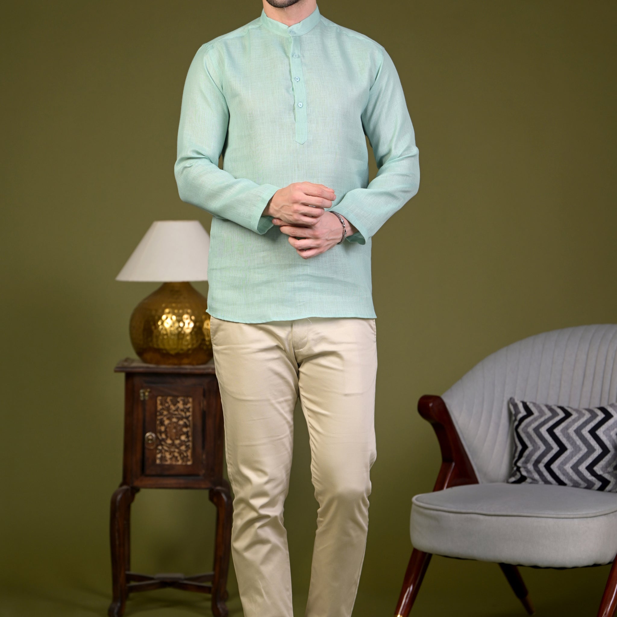 Mint Green Linen Blend Full Sleeves Mandarin Collar Short Kurta