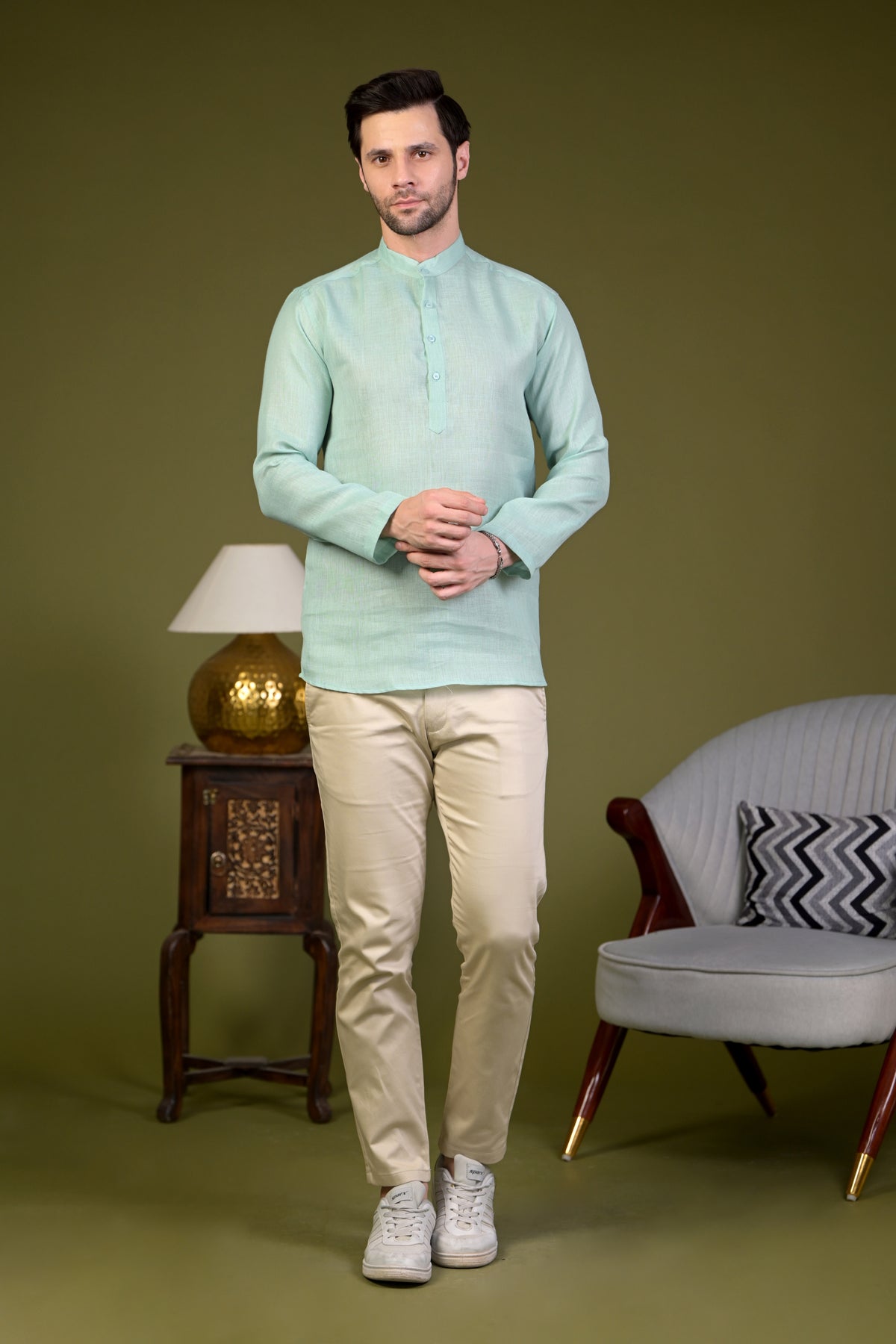 Mint Green Linen Blend Full Sleeves Mandarin Collar Short Kurta