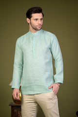 Mint Green Linen Blend Full Sleeves Mandarin Collar Short Kurta