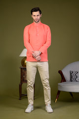 Peach Linen Blend Full Sleeves Mandarin Collar Short Kurta