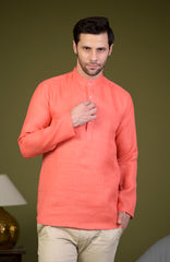 Peach Linen Blend Full Sleeves Mandarin Collar Short Kurta