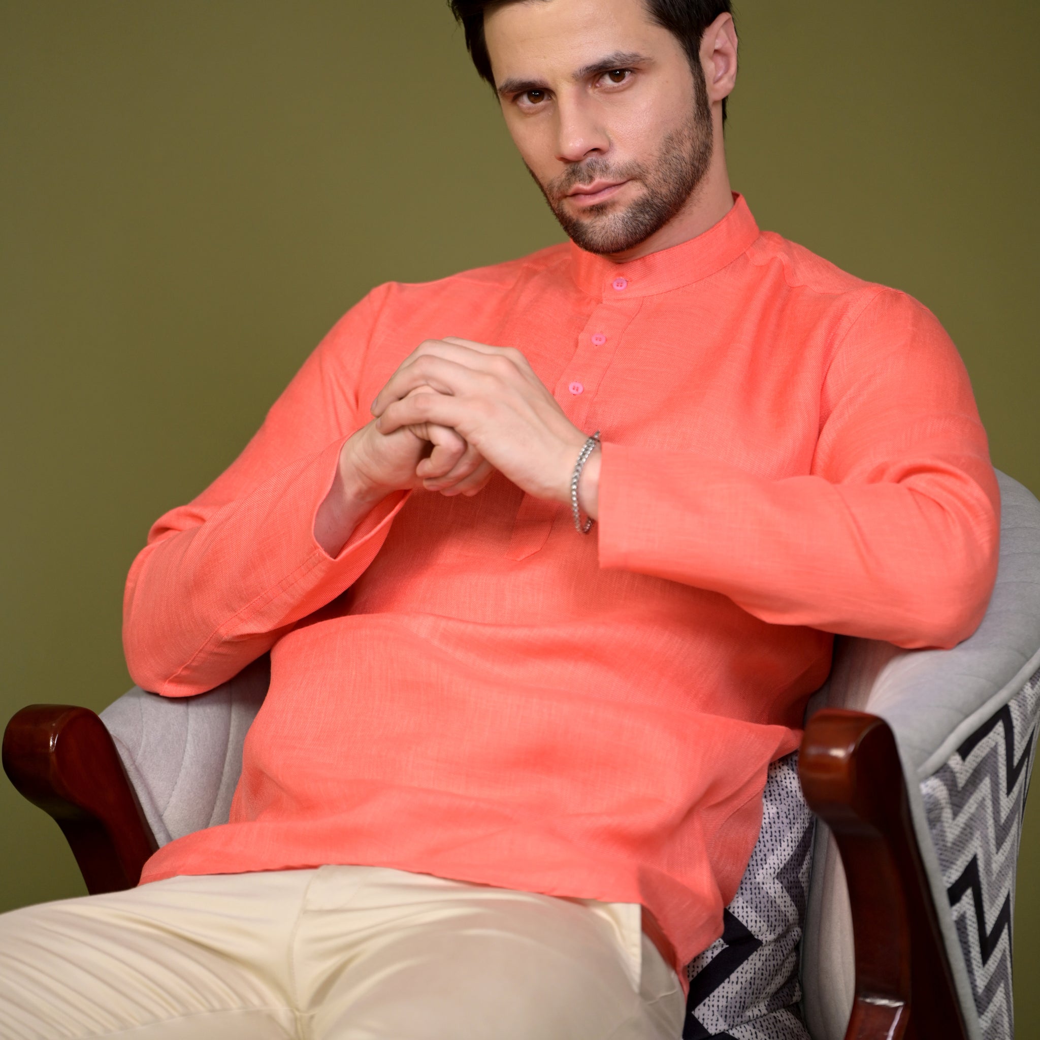 Peach Linen Blend Full Sleeves Mandarin Collar Short Kurta