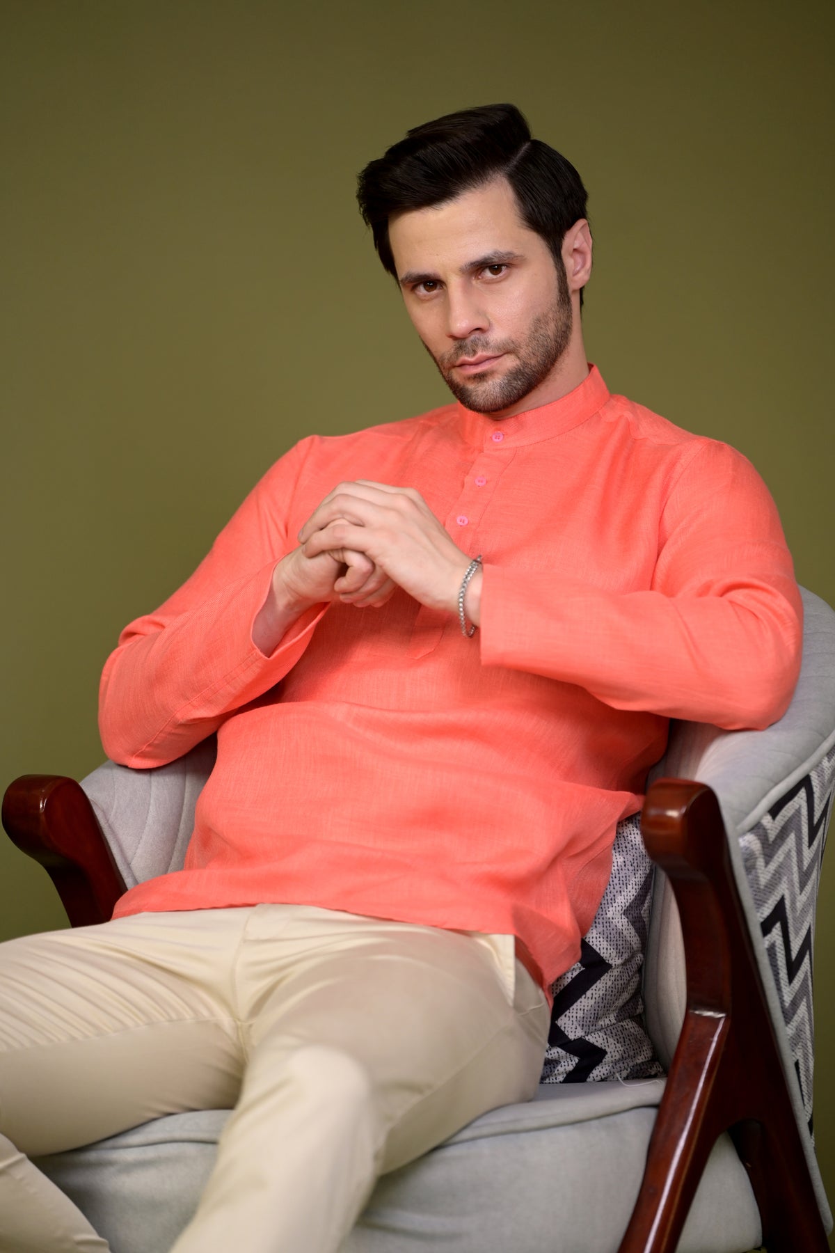 Peach Linen Blend Full Sleeves Mandarin Collar Short Kurta