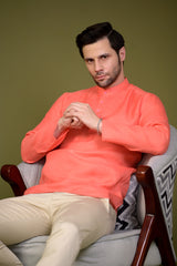 Peach Linen Blend Full Sleeves Mandarin Collar Short Kurta