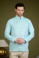 Sky Blue Linen Blend Full Sleeves Mandarin Collar Short Kurta