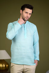 Sky Blue Linen Blend Full Sleeves Mandarin Collar Short Kurta