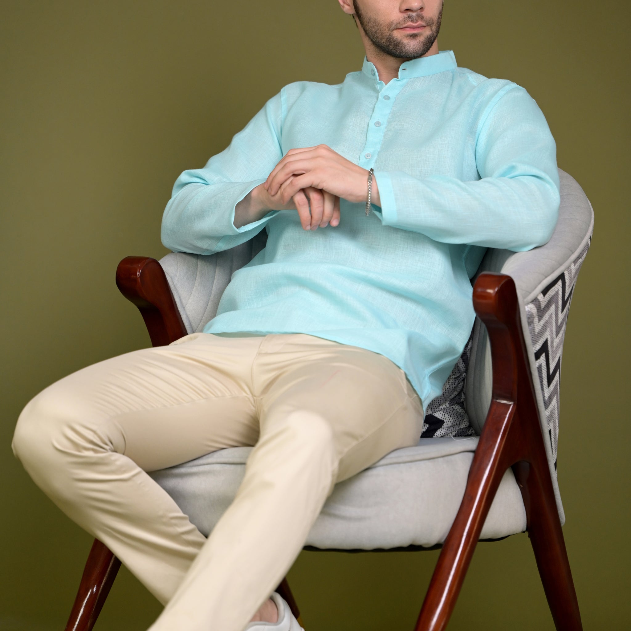 Sky Blue Linen Blend Full Sleeves Mandarin Collar Short Kurta