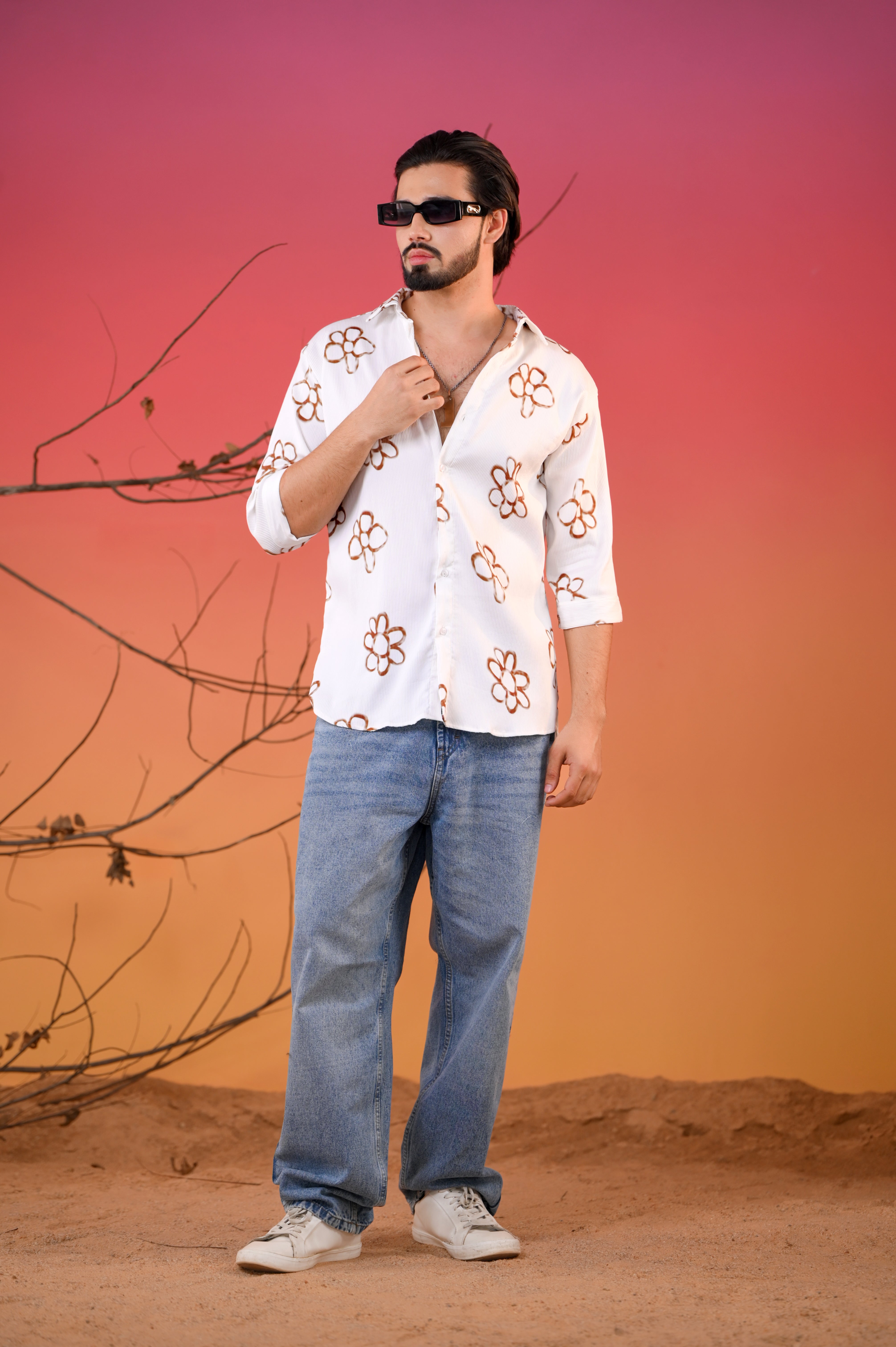 Men's Cream Bloom Double Cloth Printed Five Sleeve Shirt