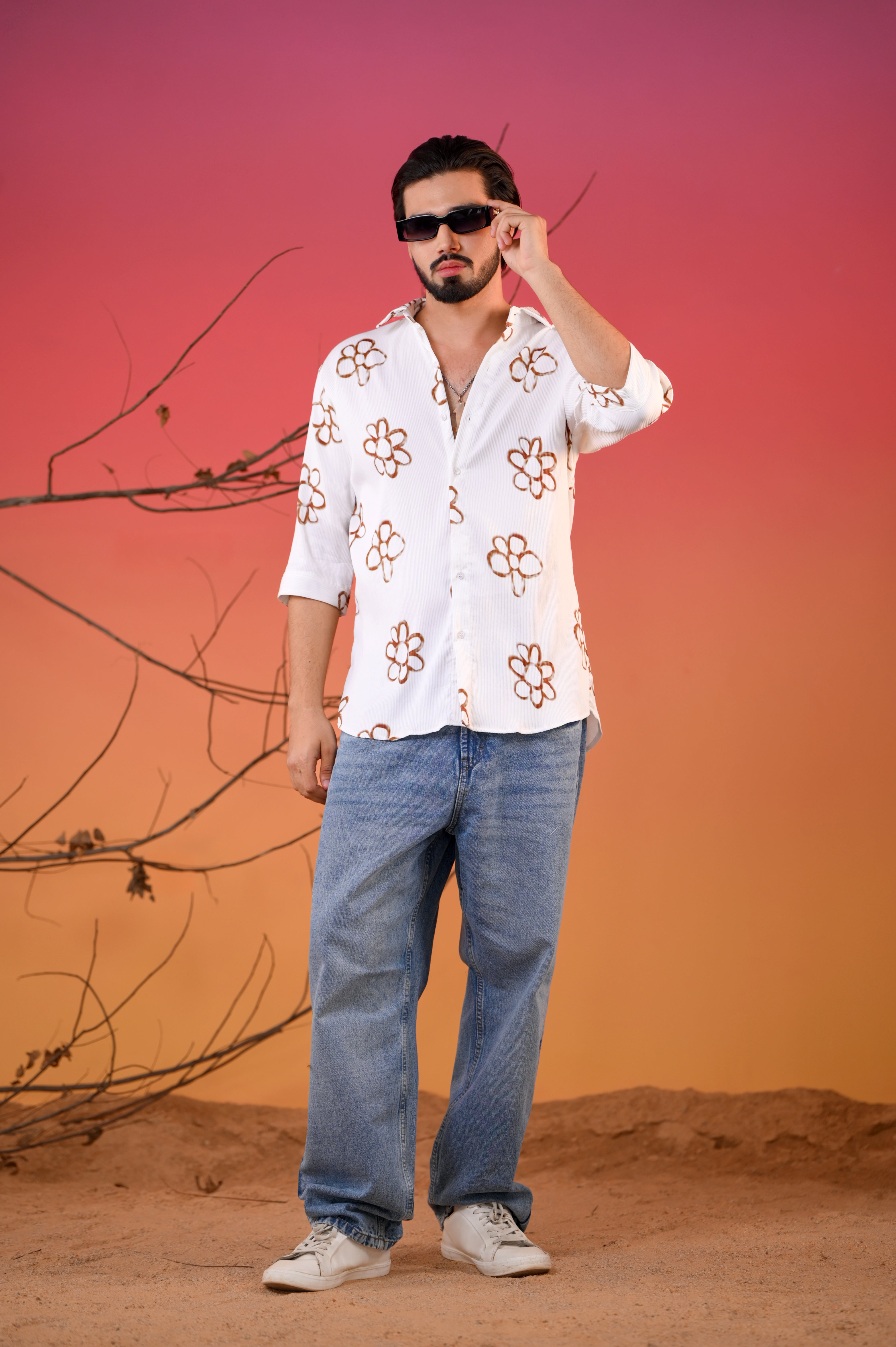 Men's Cream Bloom Double Cloth Printed Five Sleeve Shirt