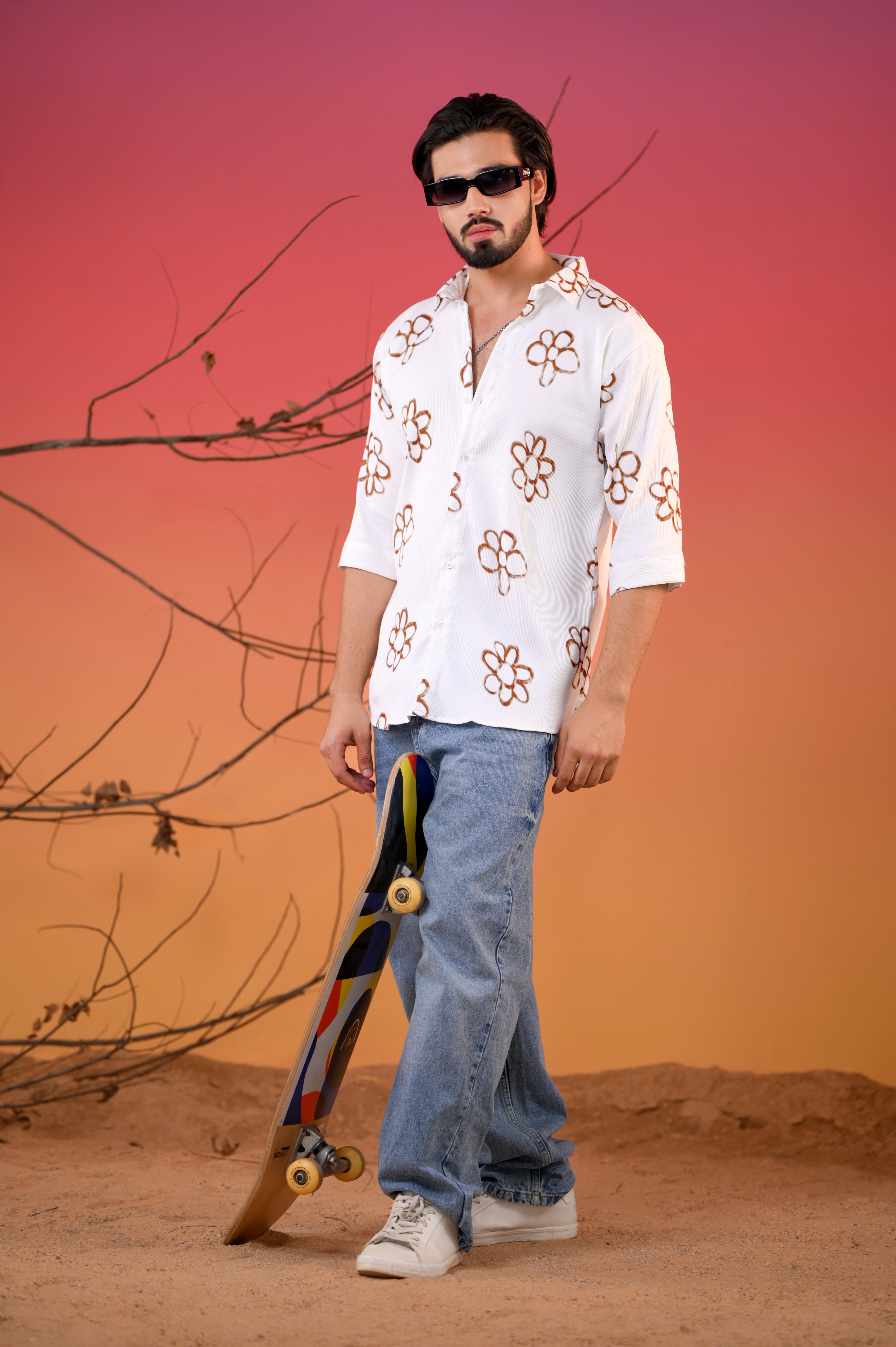 Men's Cream Bloom Double Cloth Printed Five Sleeve Shirt