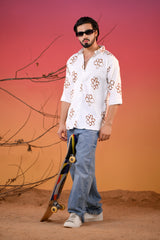 Men's Cream Bloom Double Cloth Printed Five Sleeve Shirt