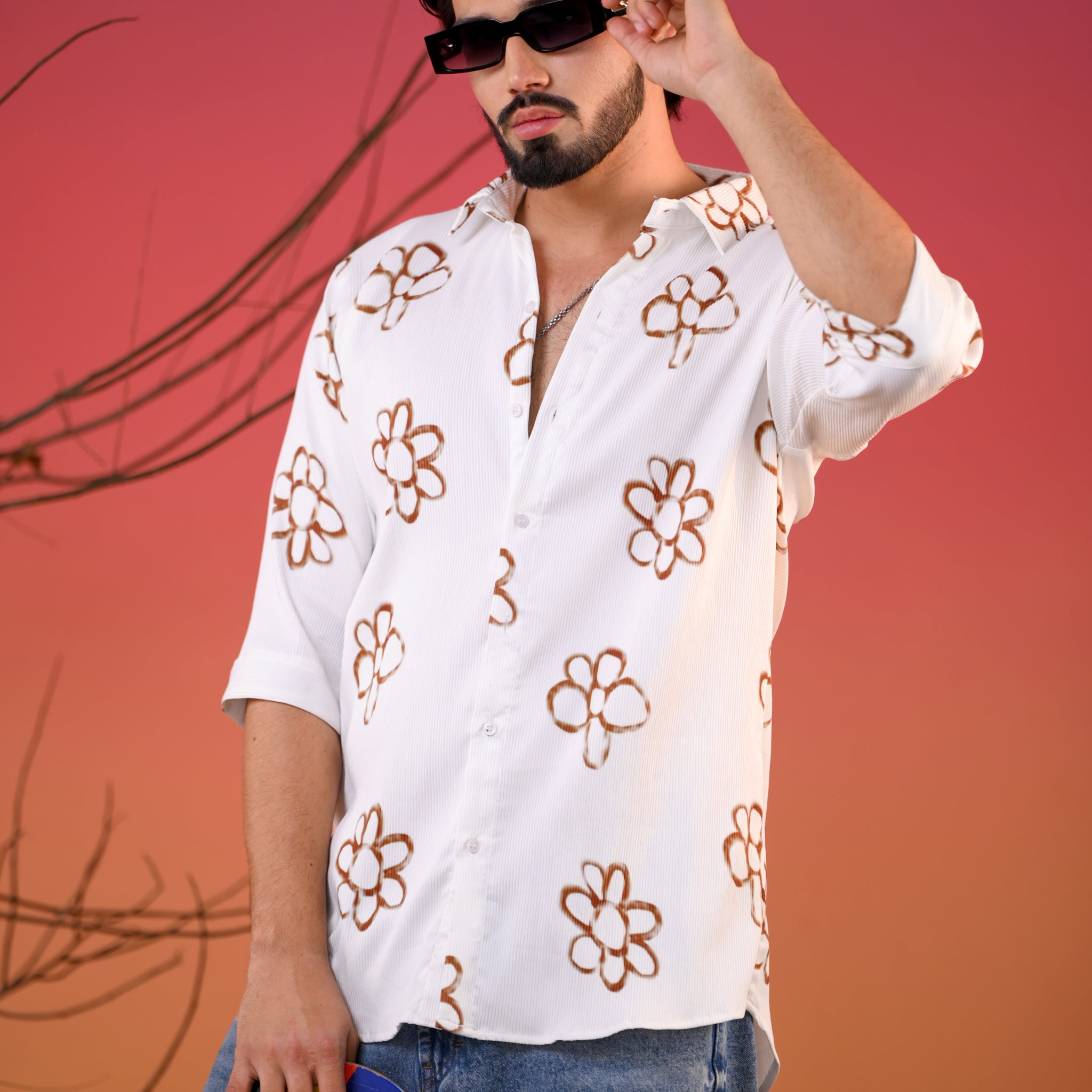 Men's Cream Bloom Double Cloth Printed Five Sleeve Shirt