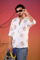 Men's Cream Bloom Double Cloth Printed Five Sleeve Shirt