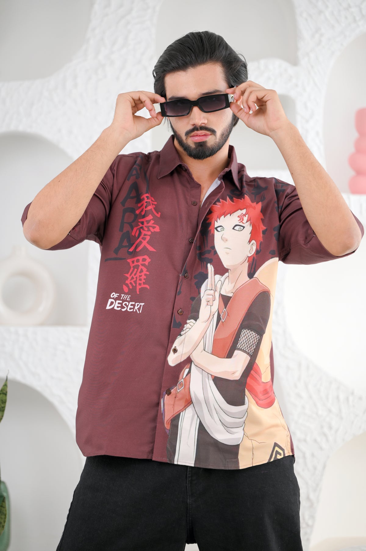 Men's Brown Anime Graphic Shirt
