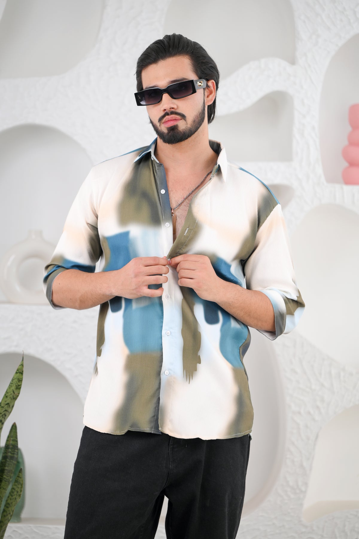 Men's Green & Blue Digital Print Five Sleeve Shirt