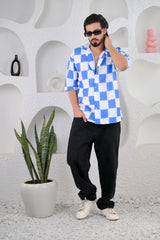 Men's Checkered Blue Print Premium Rayon Cuban Collar Shirt