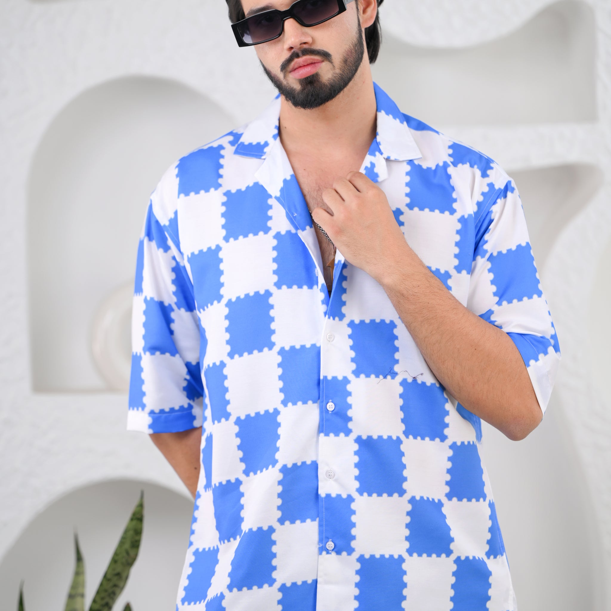 Men's Checkered Blue Print Premium Rayon Cuban Collar Shirt