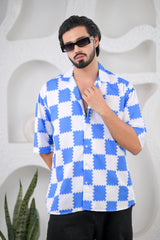 Men's Checkered Blue Print Premium Rayon Cuban Collar Shirt