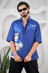 Men's Dark Blue Anime Digital Print Shirt