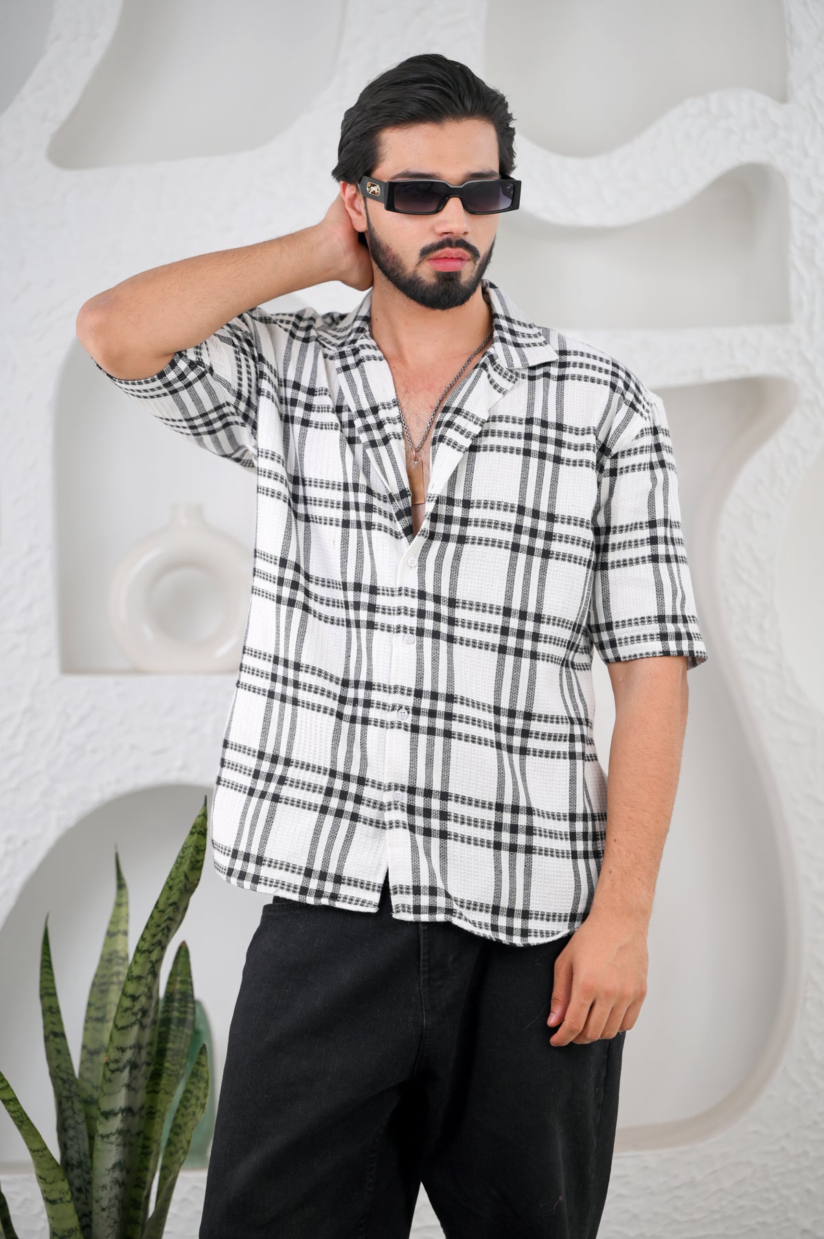 Men's White Waffle Cotton Downshoulder Shirt