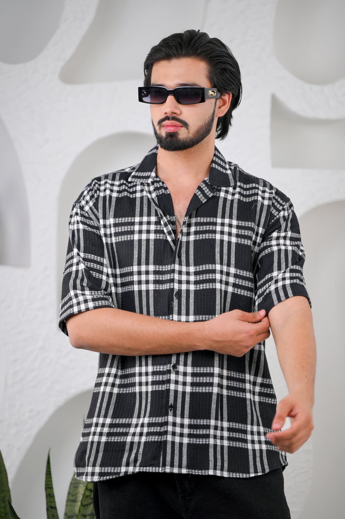 Men's Black Waffle Cotton Downshoulder Shirt