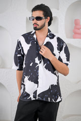 Men's Black & White Trendy Print Premium Rayon Cuban Collar Shirt