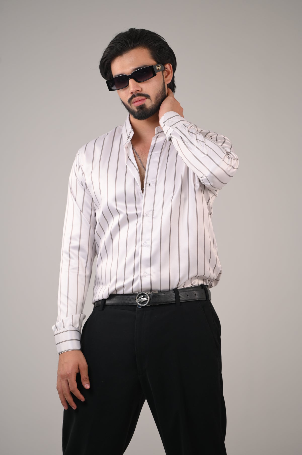 Men's White Striped Premium Satin Cotton Point Collar Shirt