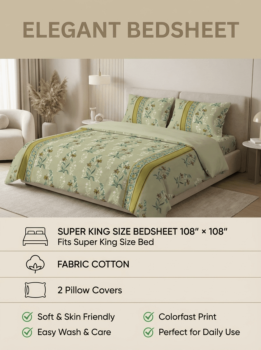 Sage Bloom Super King Cotton Bedsheet - Furnish Factory