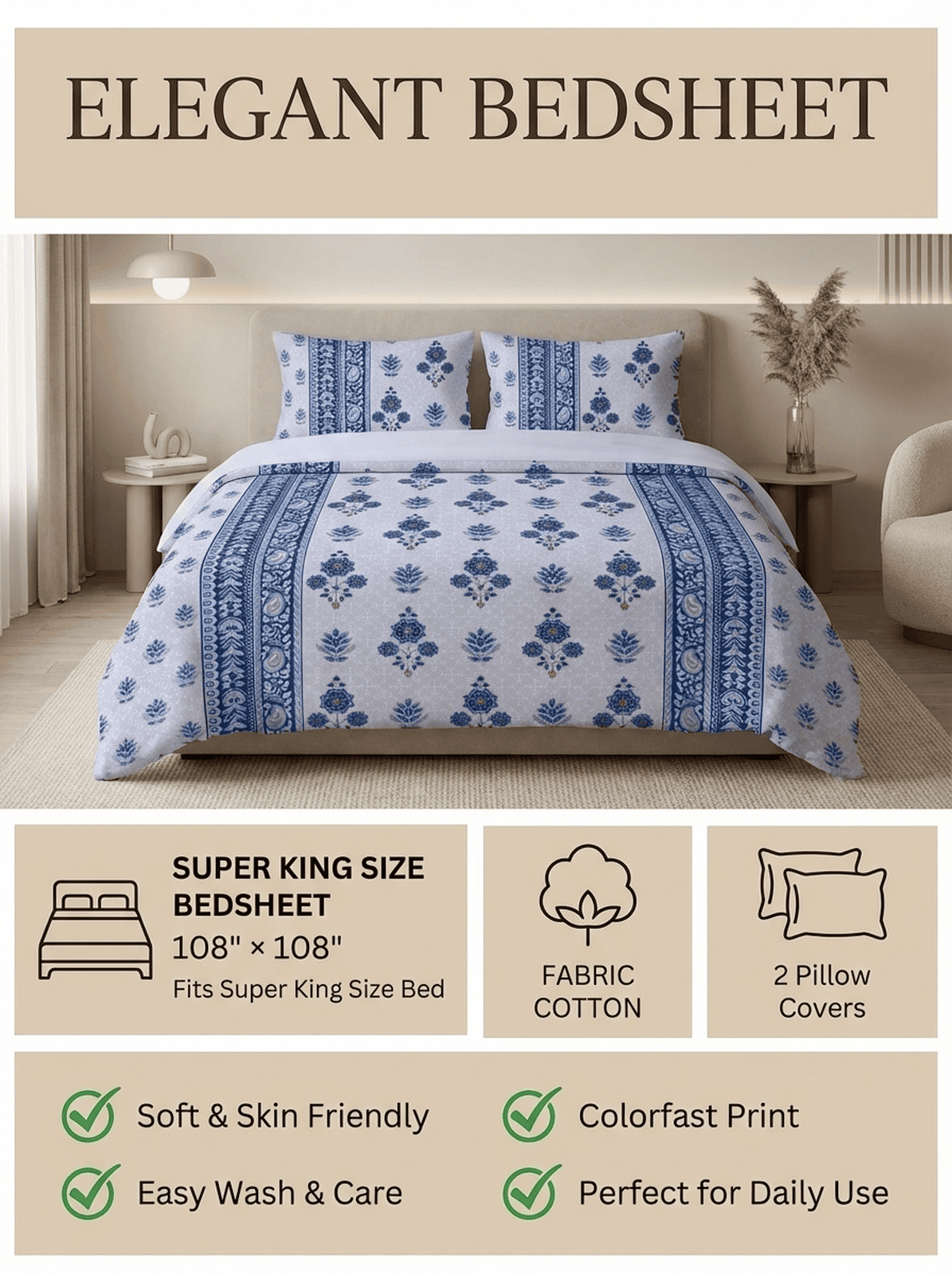 Indigo Royale Super King Cotton Bedsheet - Furnish Factory