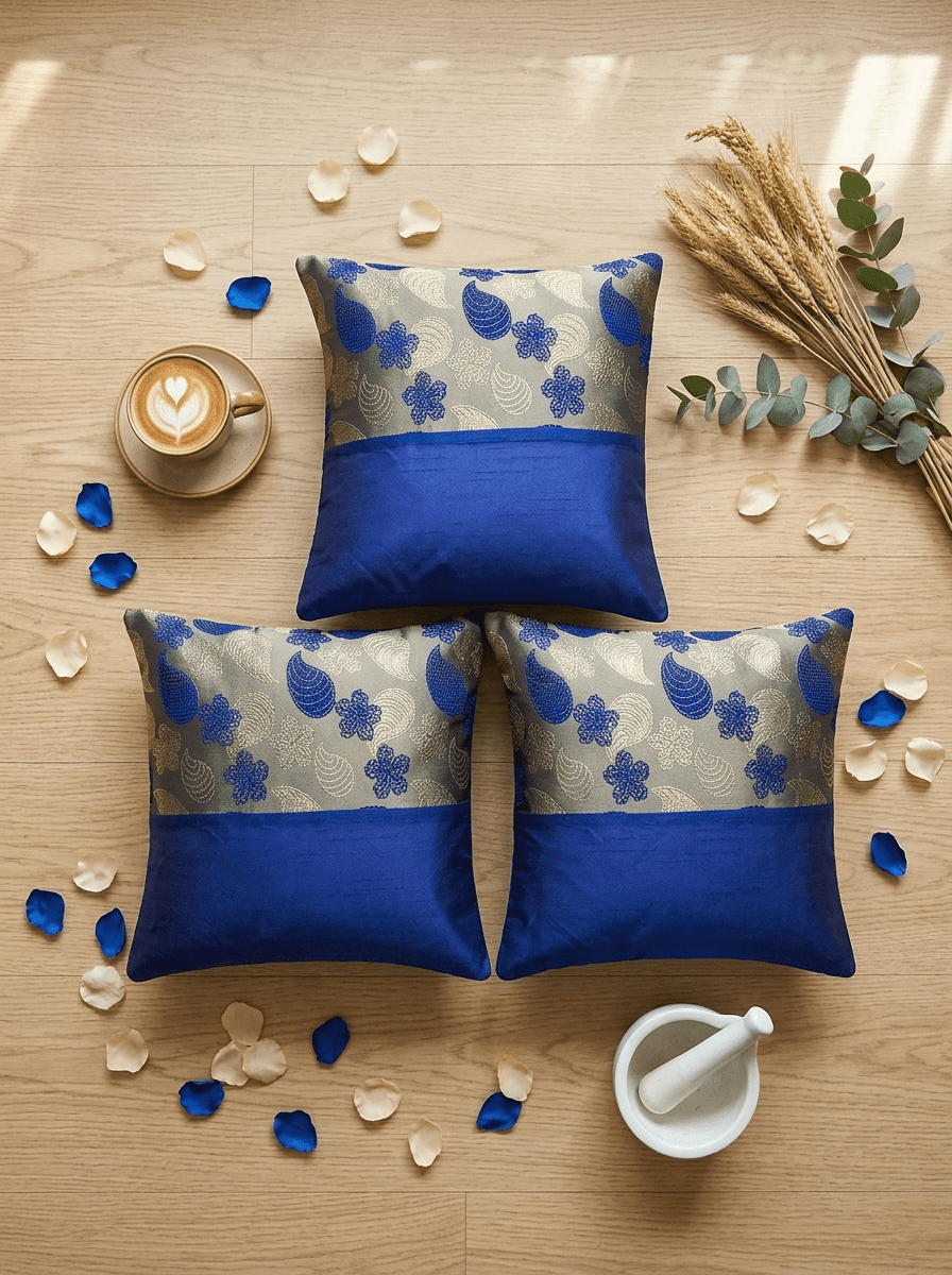 Royal Sapphire Brocade Embroidered Cushion Cover (16*16 inch) - Furnish Factory