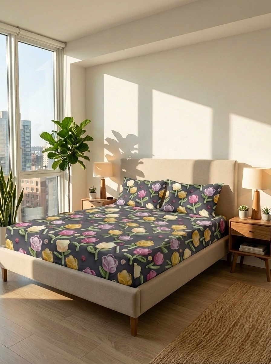 Pastel Petal Dreamscape – 7D Floral Fitted Super king size Bedsheet