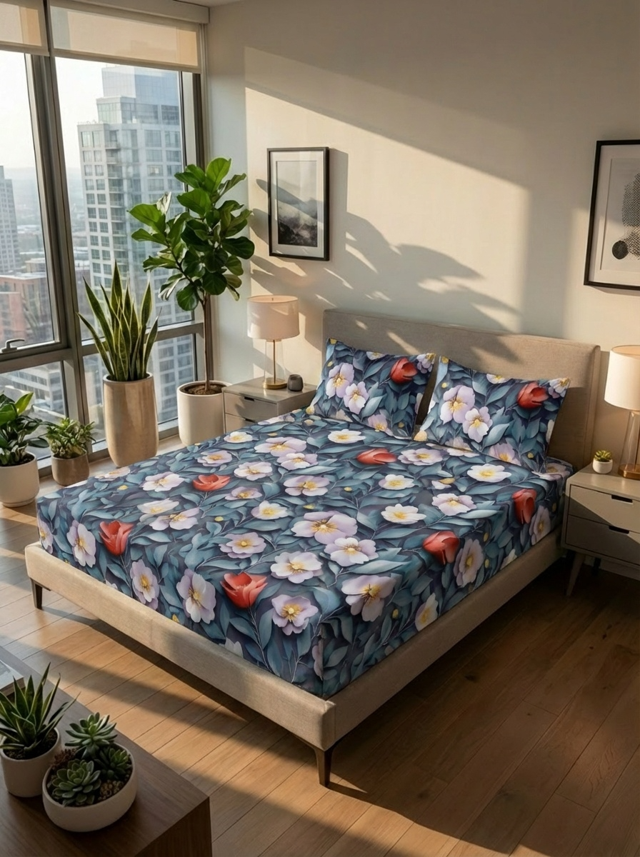 Midnight Garden Whisper – 7D Floral Fitted Super king size Bedsheet