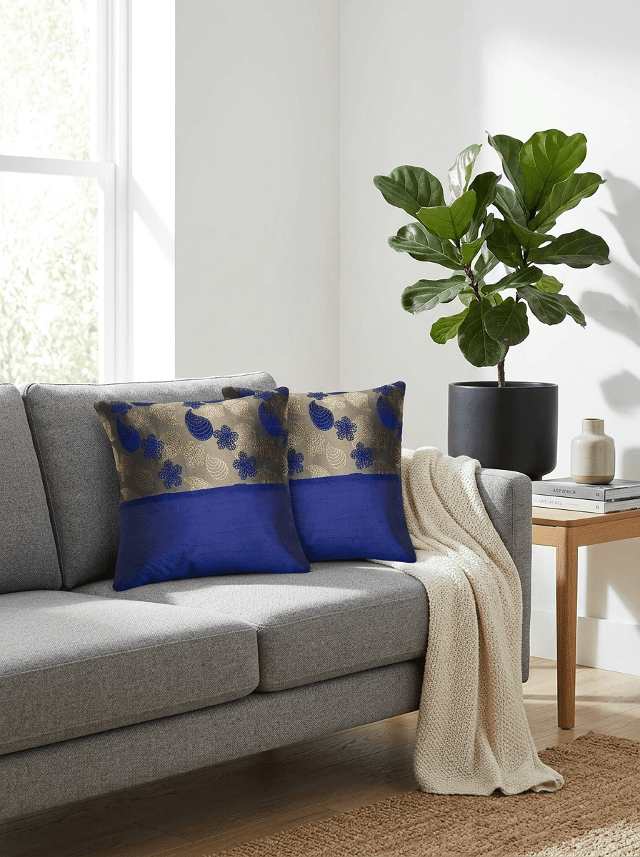 Royal Sapphire Brocade Embroidered Cushion Cover (16*16 inch) - Furnish Factory