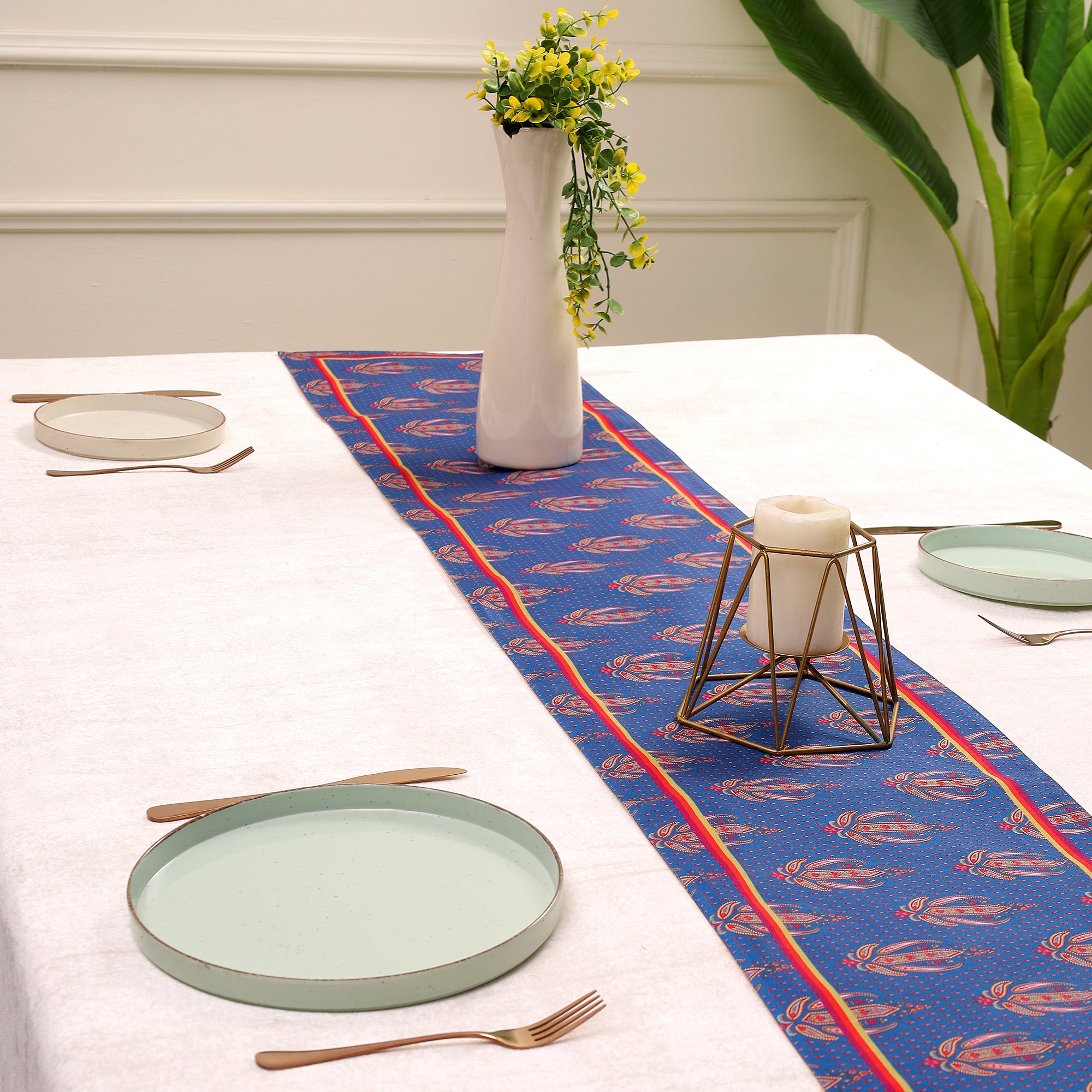 Kohinoor Blue Dining Set (Runner Size: 70x12.5 inch | Mat Size: 12x18 inch)