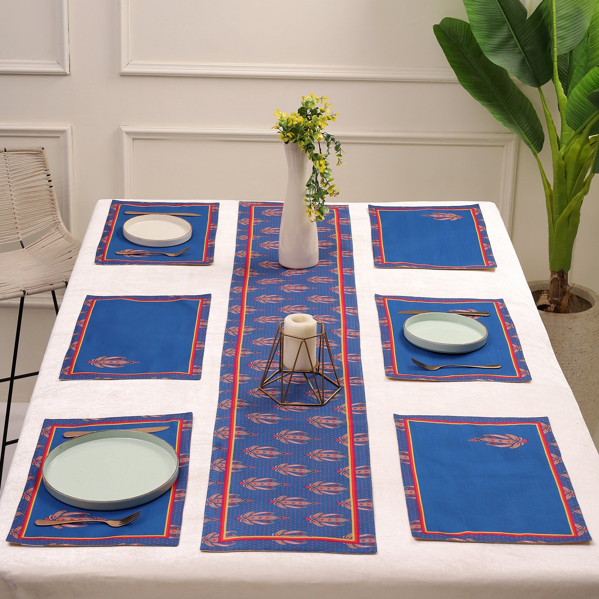 Kohinoor Blue Dining Set (Runner Size: 70x12.5 inch | Mat Size: 12x18 inch)