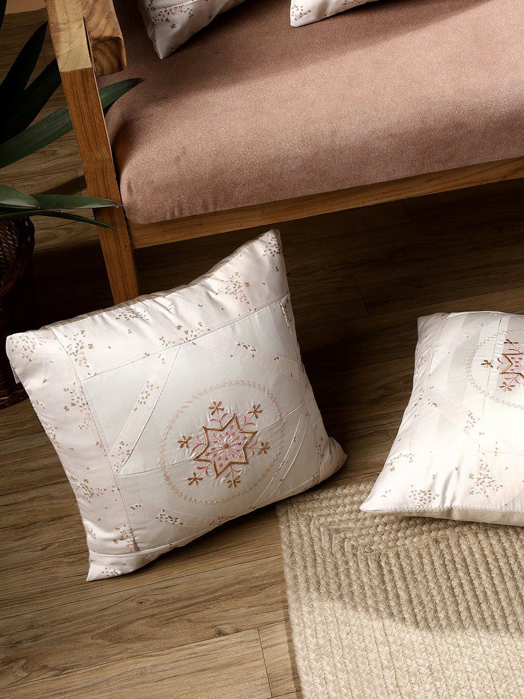 Vintage Blossom Medallion– Handcrafted Embroidered Cushion Cover –  14 x 14 inches