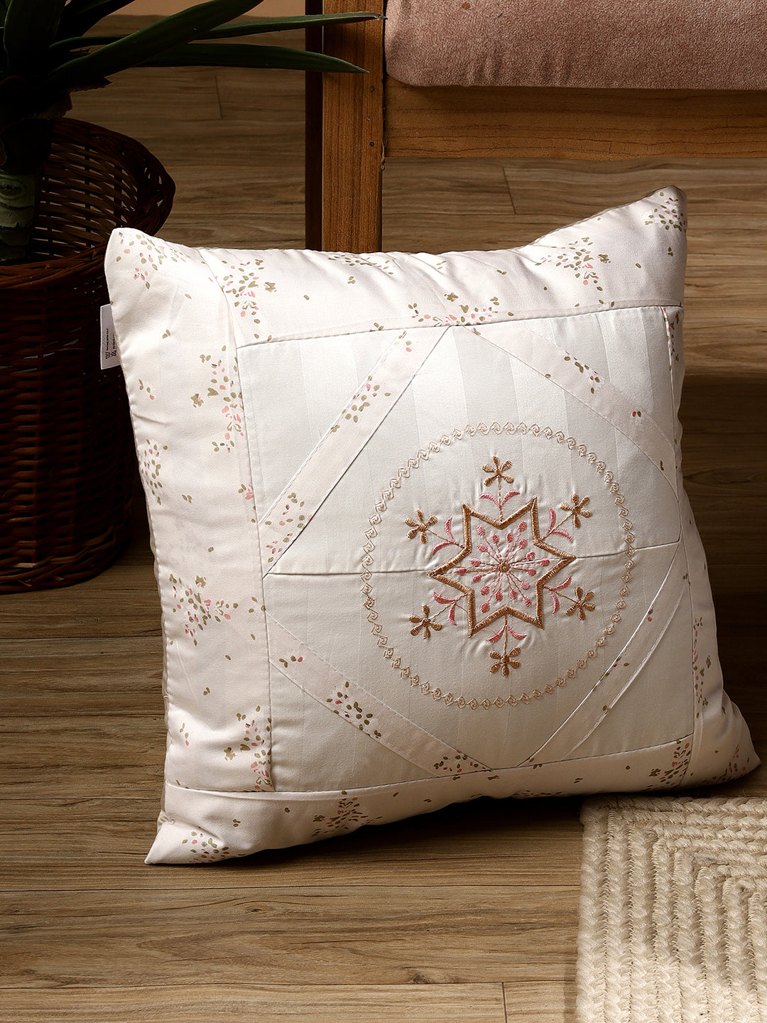 Vintage Blossom Medallion– Handcrafted Embroidered Cushion Cover –  14 x 14 inches