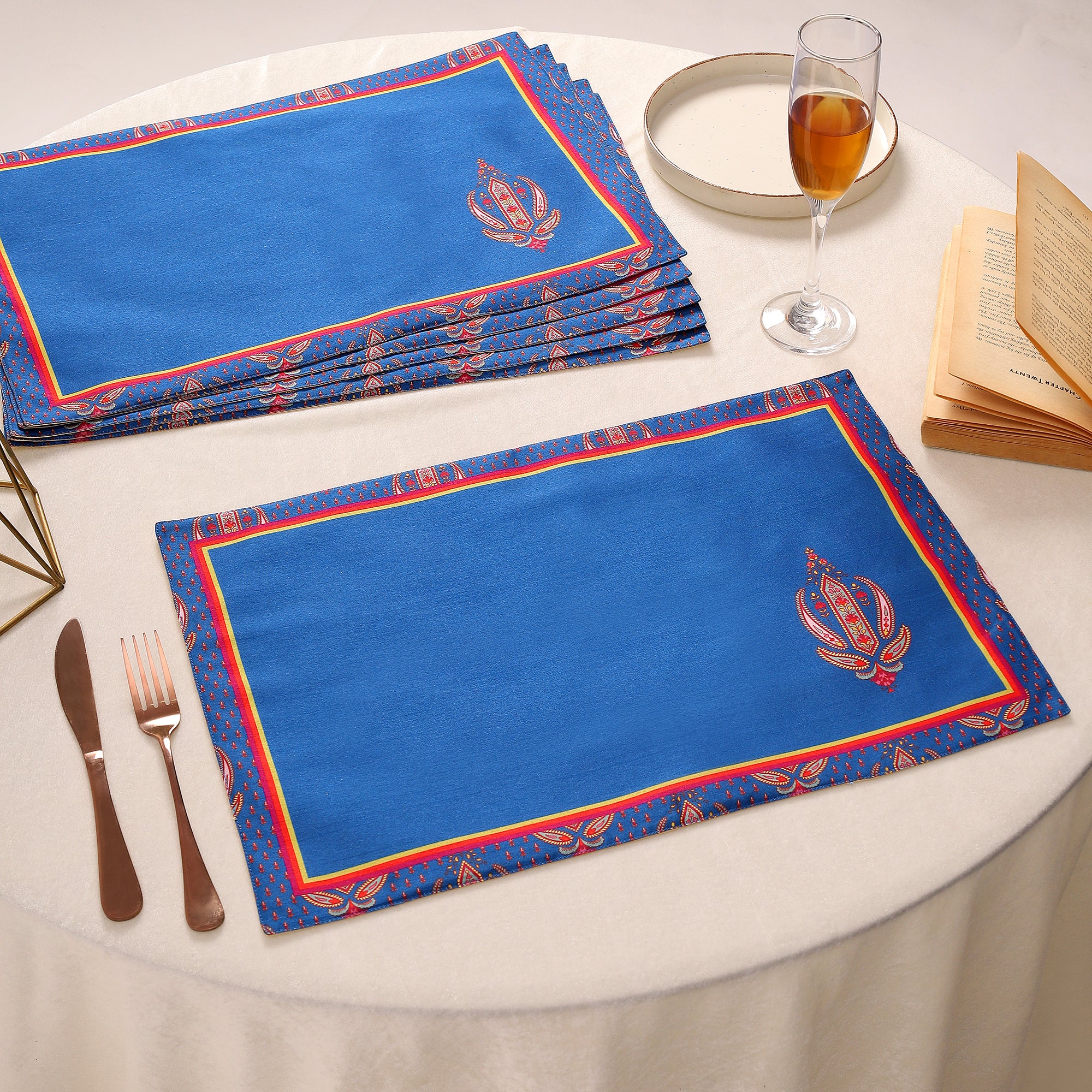 Kohinoor Blue Dining Set (Runner Size: 70x12.5 inch | Mat Size: 12x18 inch)