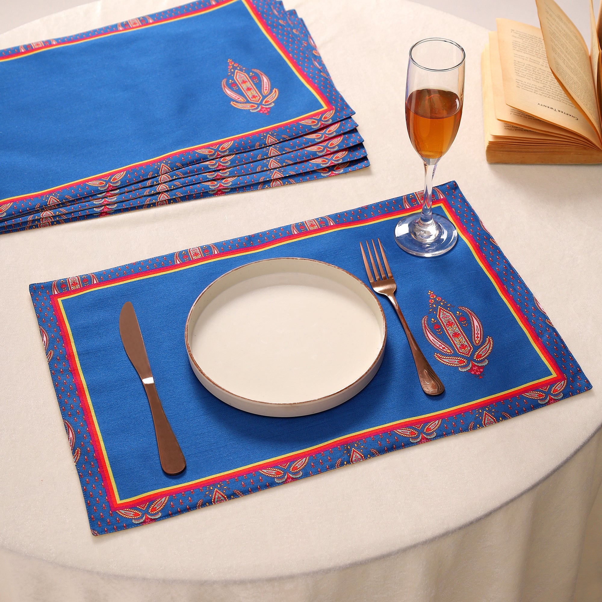 Kohinoor Blue Dining Set (Runner Size: 70x12.5 inch | Mat Size: 12x18 inch)