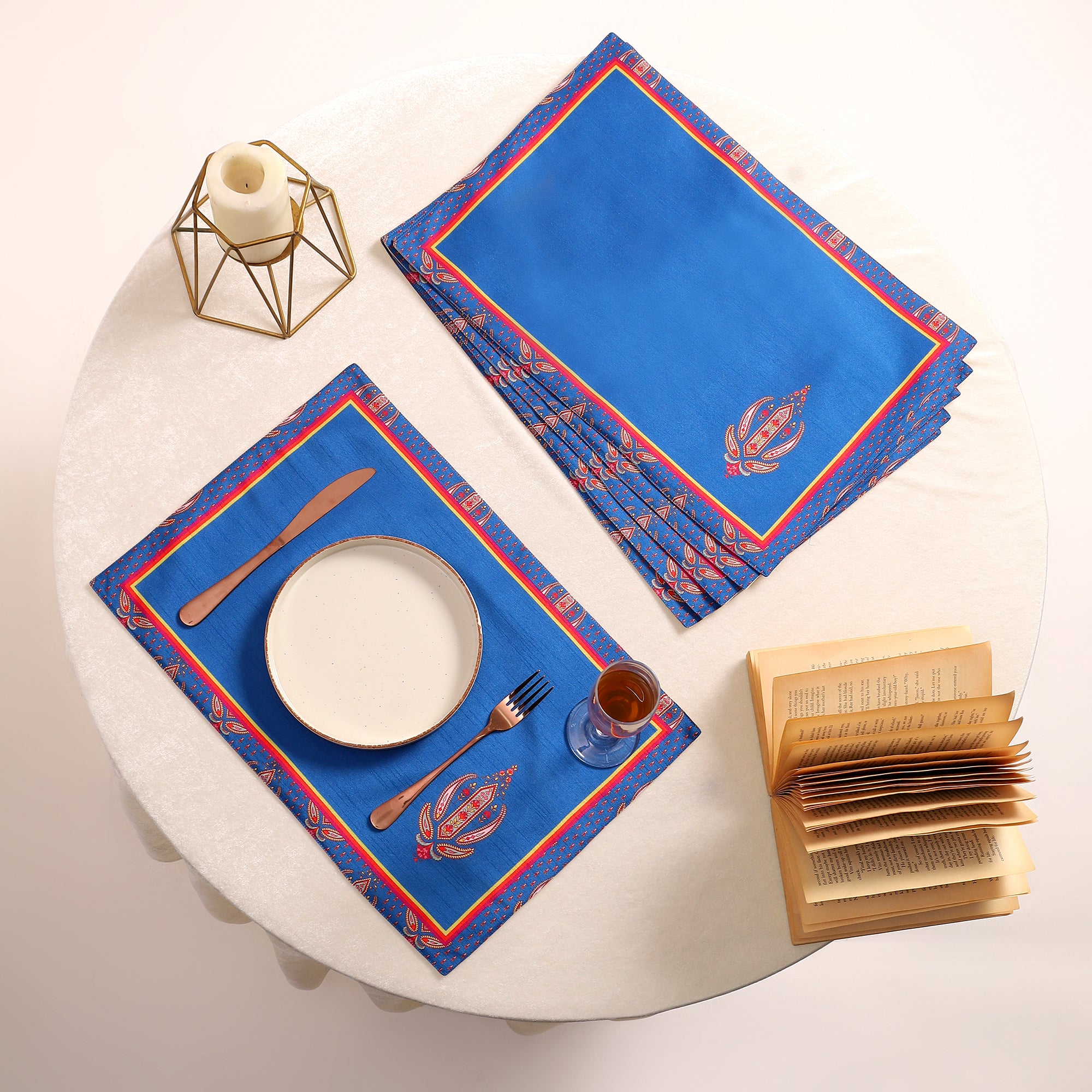 Kohinoor Blue Dining Set (Runner Size: 70x12.5 inch | Mat Size: 12x18 inch)