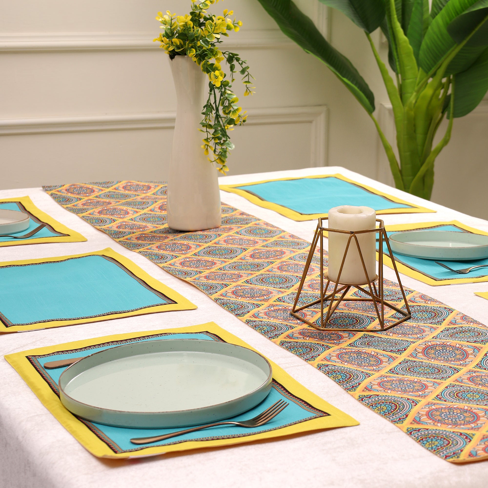 Mandala Glow Dining Set (Runner Size: 70x12.5 inch | Mat Size: 12x18 inch)