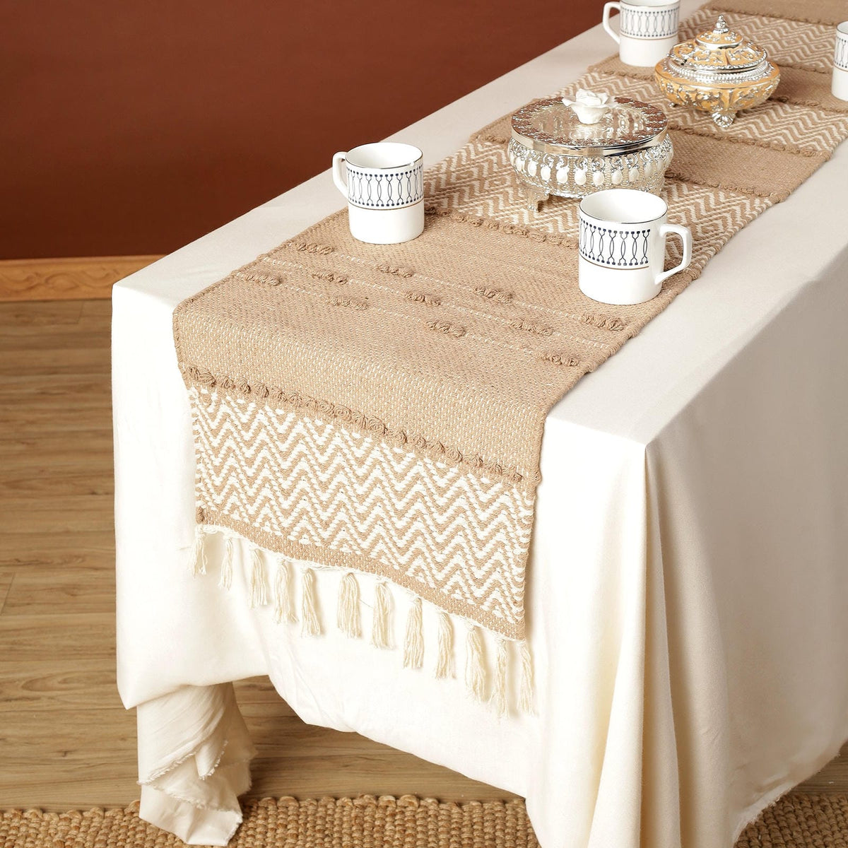 Soft knitted Brown Table Runner with tint of beige thread