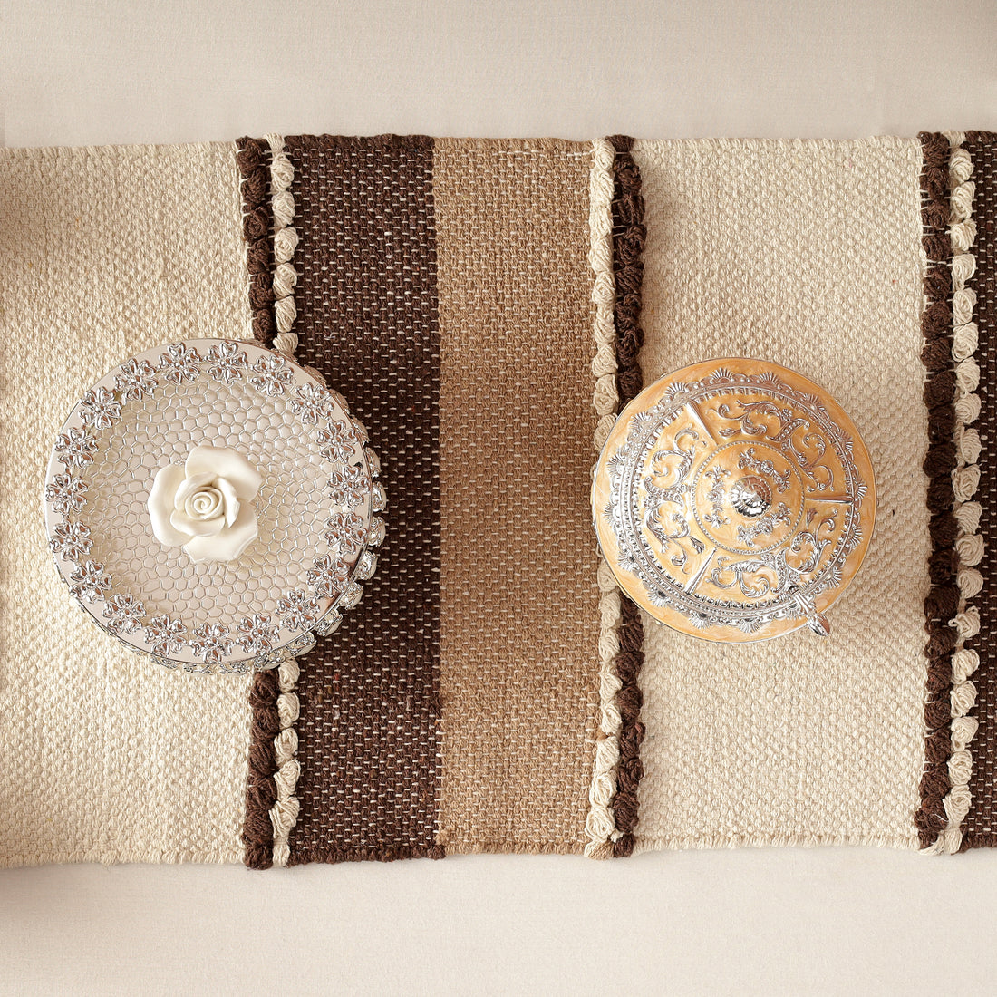 Dark Brown and Biege Table Runner with tassels
